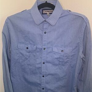 Express Men's Fitted Light Blue Striped Button-Down Shirt 16 1/2 Epaulettes